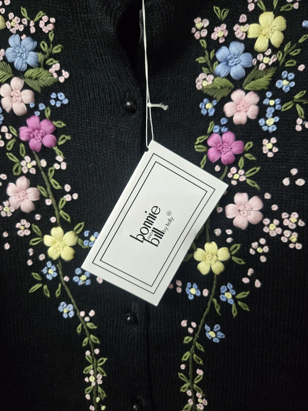 VTG Bonnie & Bill Floral Embroidery Cardigan Large Knit Black Cottagecore Boho